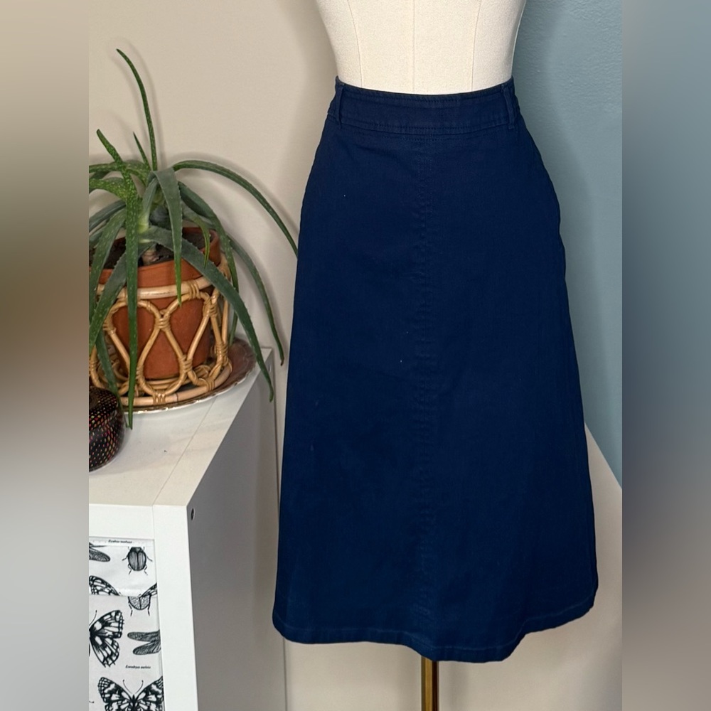 Talbots 14WP Navy Stretch Cotton Denim Skirt | Classic Fit Straight Knee Length - Picture 2 of 13